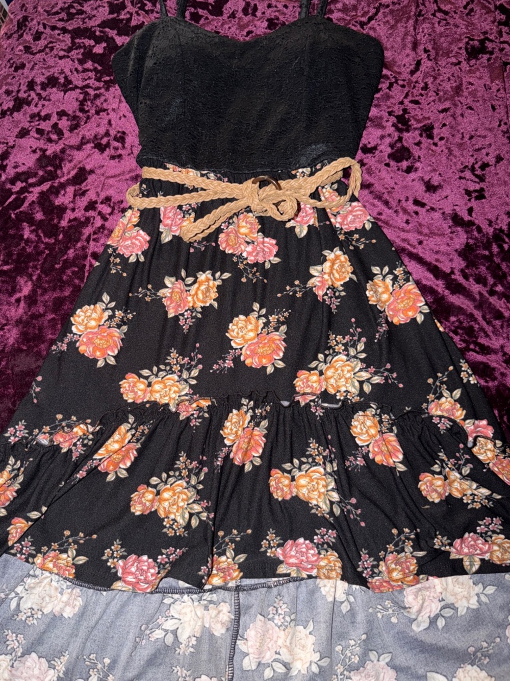 Black Floral Tiered Sundress with Rope Belt - Picture 2 of 4